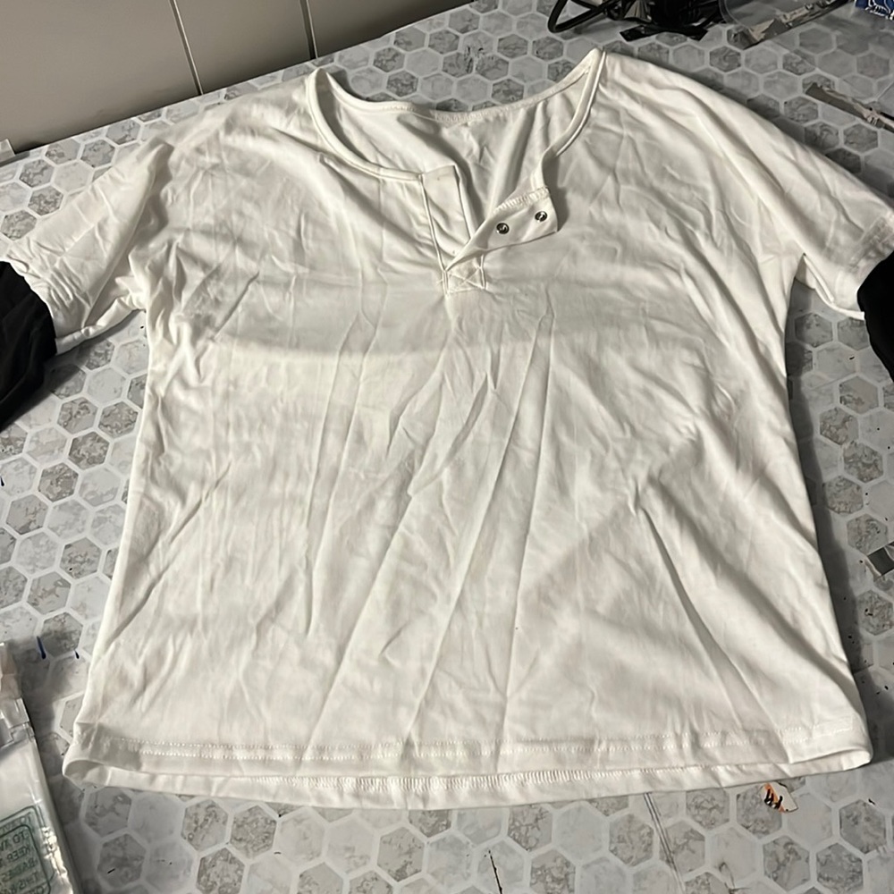 Medium Black White Layered Look Long Sleeve V Neck Quarter Button Up T